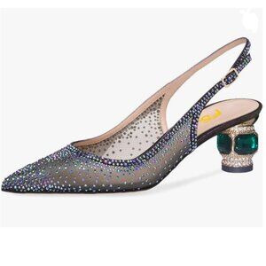 FSJ Blue Pointed Toe Slingback Wedding Pumps Chunky Low Heel Rhinestone Sandals